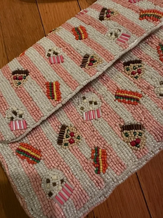 Beaded Pink Stripe Shoulder Bag with Cupcake/Pizza/Burger Motif NWT - Picture 6 of 6